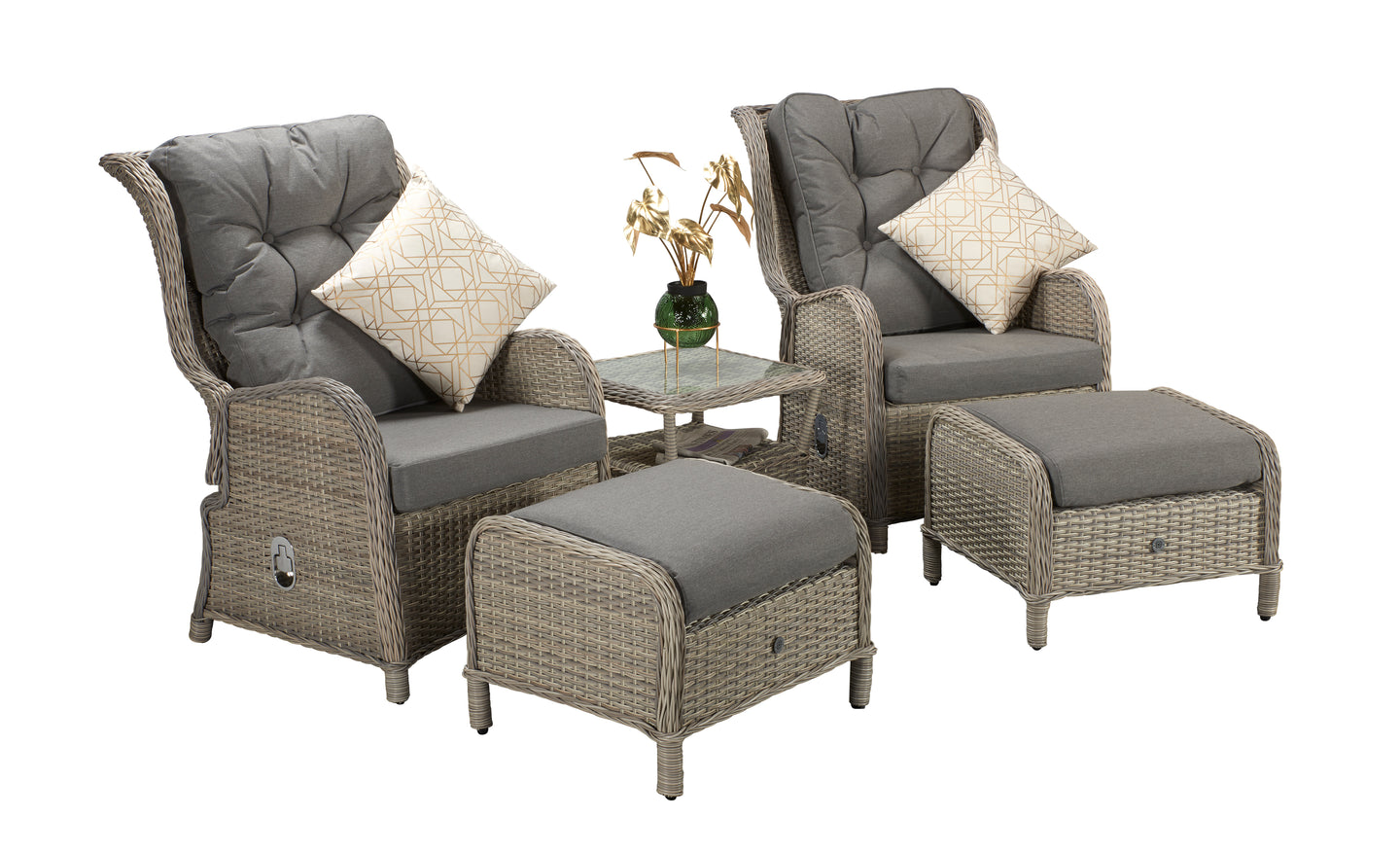 Signature Weave - Outdoor Furniture - Meghan - Five Piece Reclining Lounge Set In Fine Cream Grey Wicker With Pale Grey Cushions